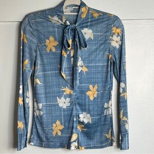 Vintage Blue Floral Tie-Neck Long Sleeve Blouse